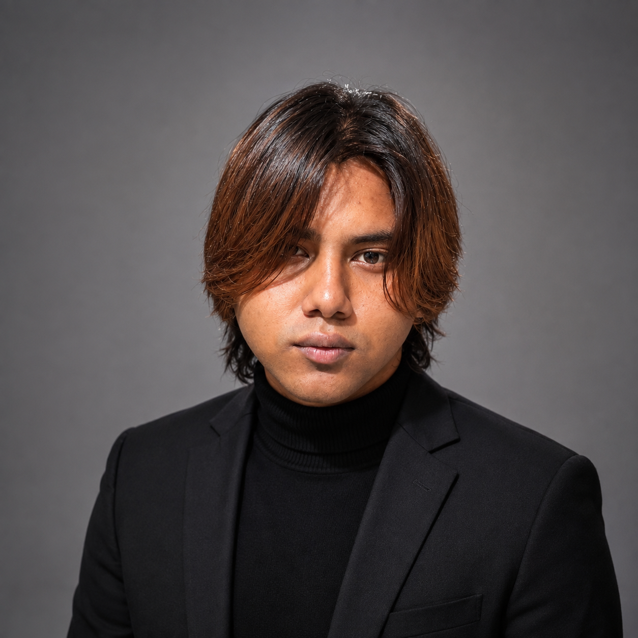 Portrait of Aarupadaiyar in a black turtleneck and blazer