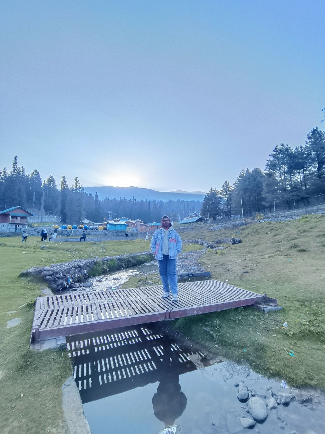 Standing on a small wooden bridge in a mountain meadow
